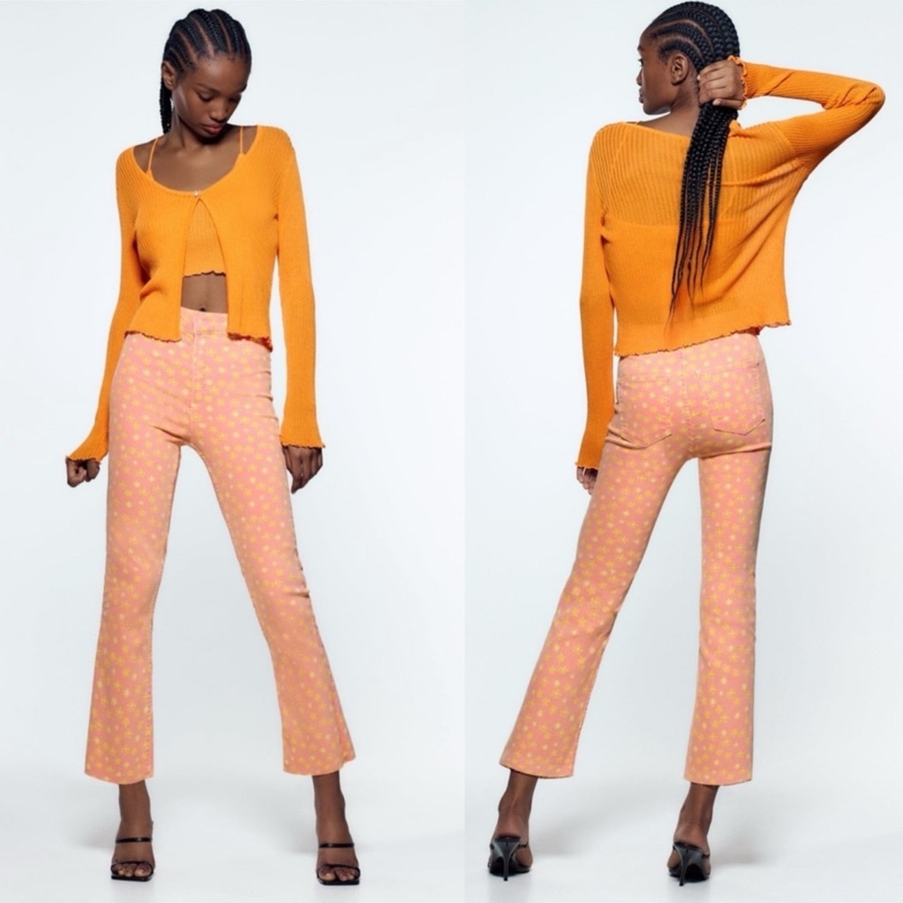 Zara Mini Cropped Floral High Rise Flare Pants 8